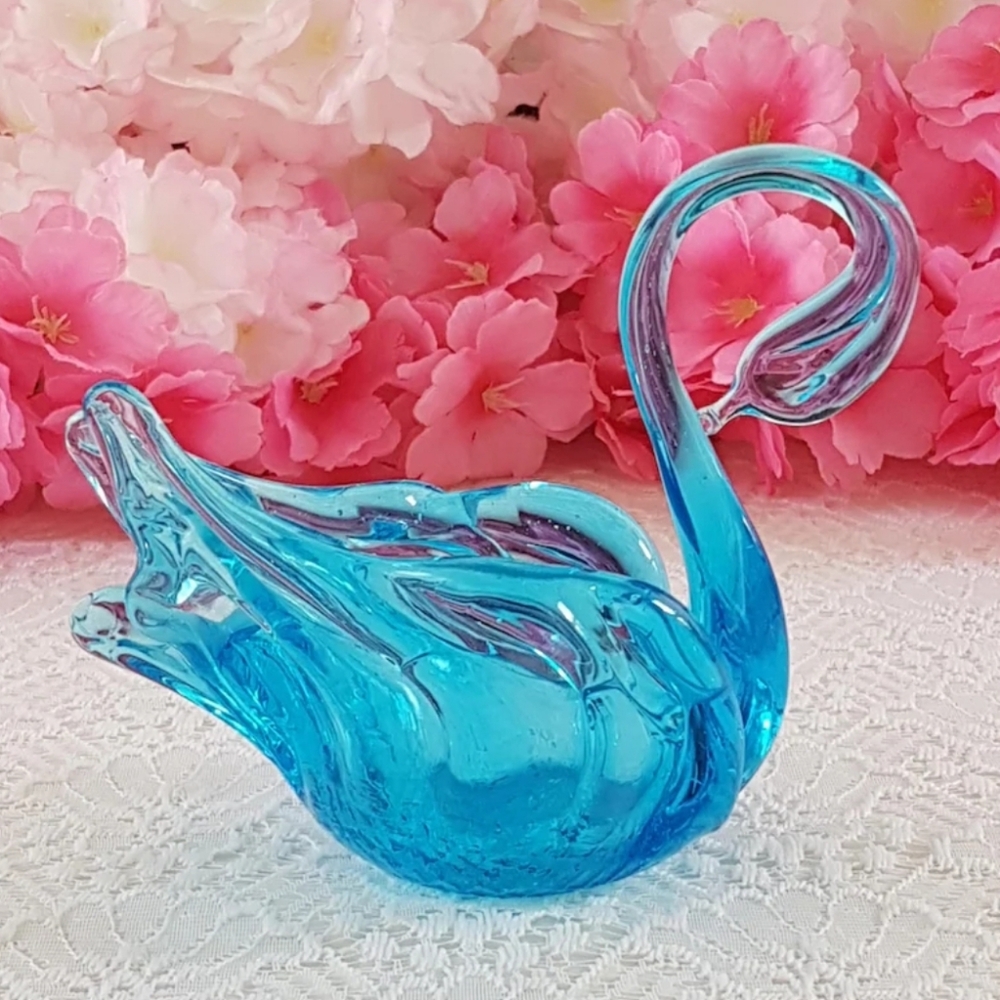 Vintage Blue Chalet Glass Swan Candleholder Ring Dish Elegant Paperweight